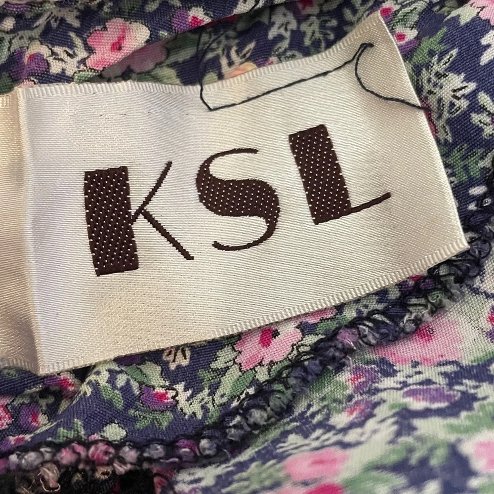 Vintage KSL Floral Midi Dress Crochet Collar Pink & Blue 3/4 Sleeve Size 20 - Picture 7 of 13